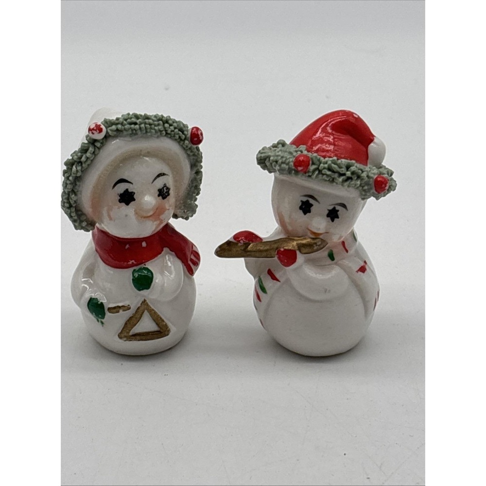 Vintage Christmas Snowmen Couple Spaghetti String 1940s Figurines UCCC Taiwan